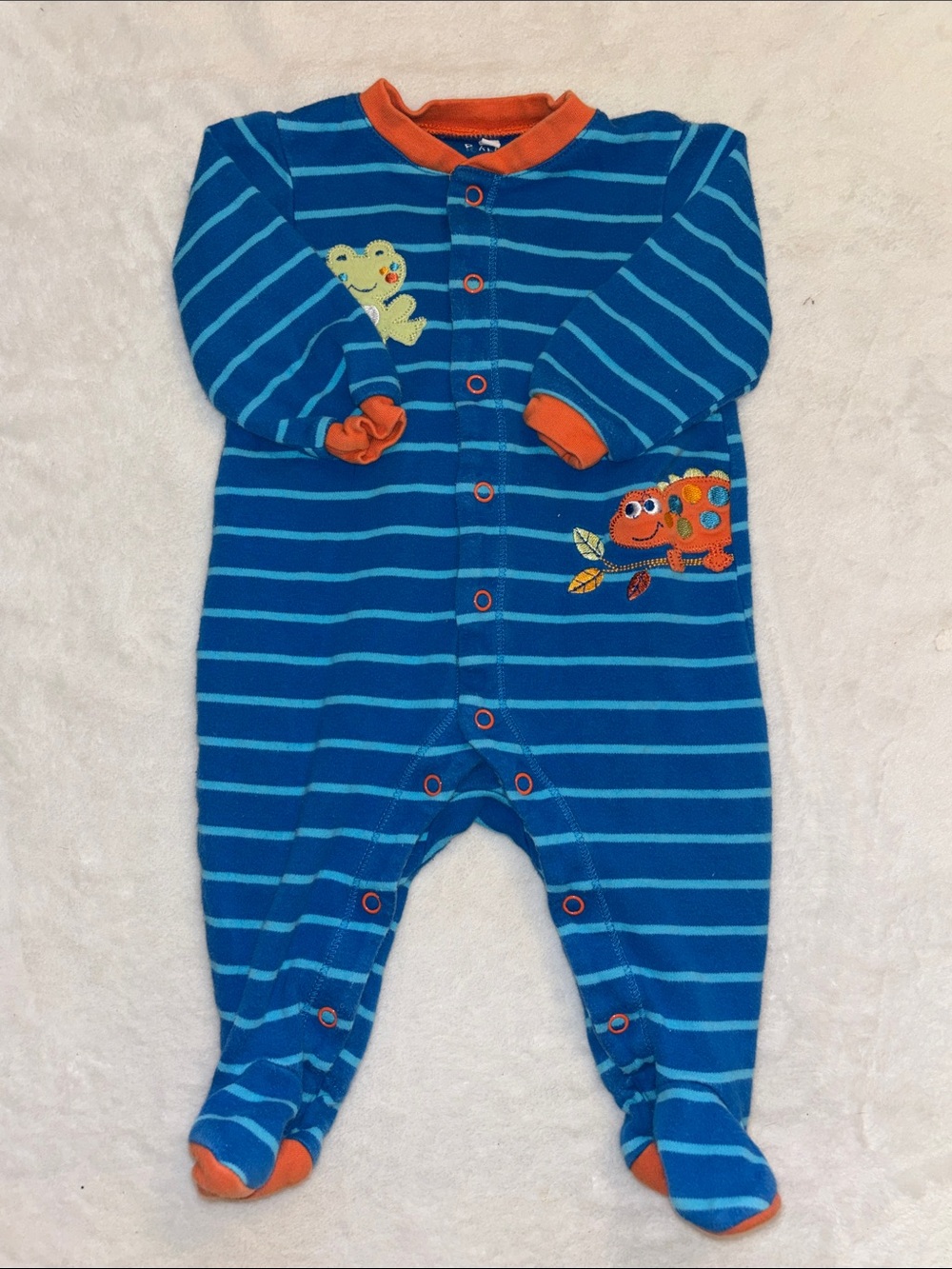 (2 for $10) PEKKLE Blue Striped Baby Footed One-Piece with Orange Trim